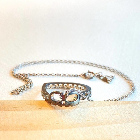 Sterling Silver w Rhinestones Heart Shape Pendant Necklace 17" chain. - Picture 2 of 8